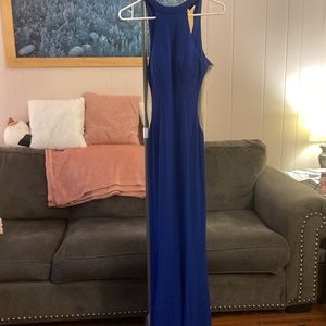Blue high neck floor length dress